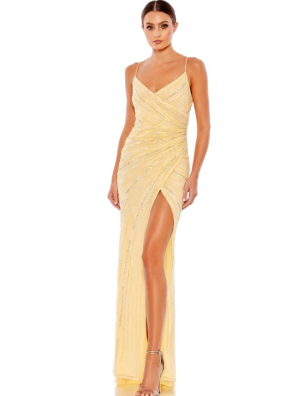MAC DUGGAL Women's Beaded Spaghetti Straps Faux Wrap Gown Sz 8 - Buttercream NWT